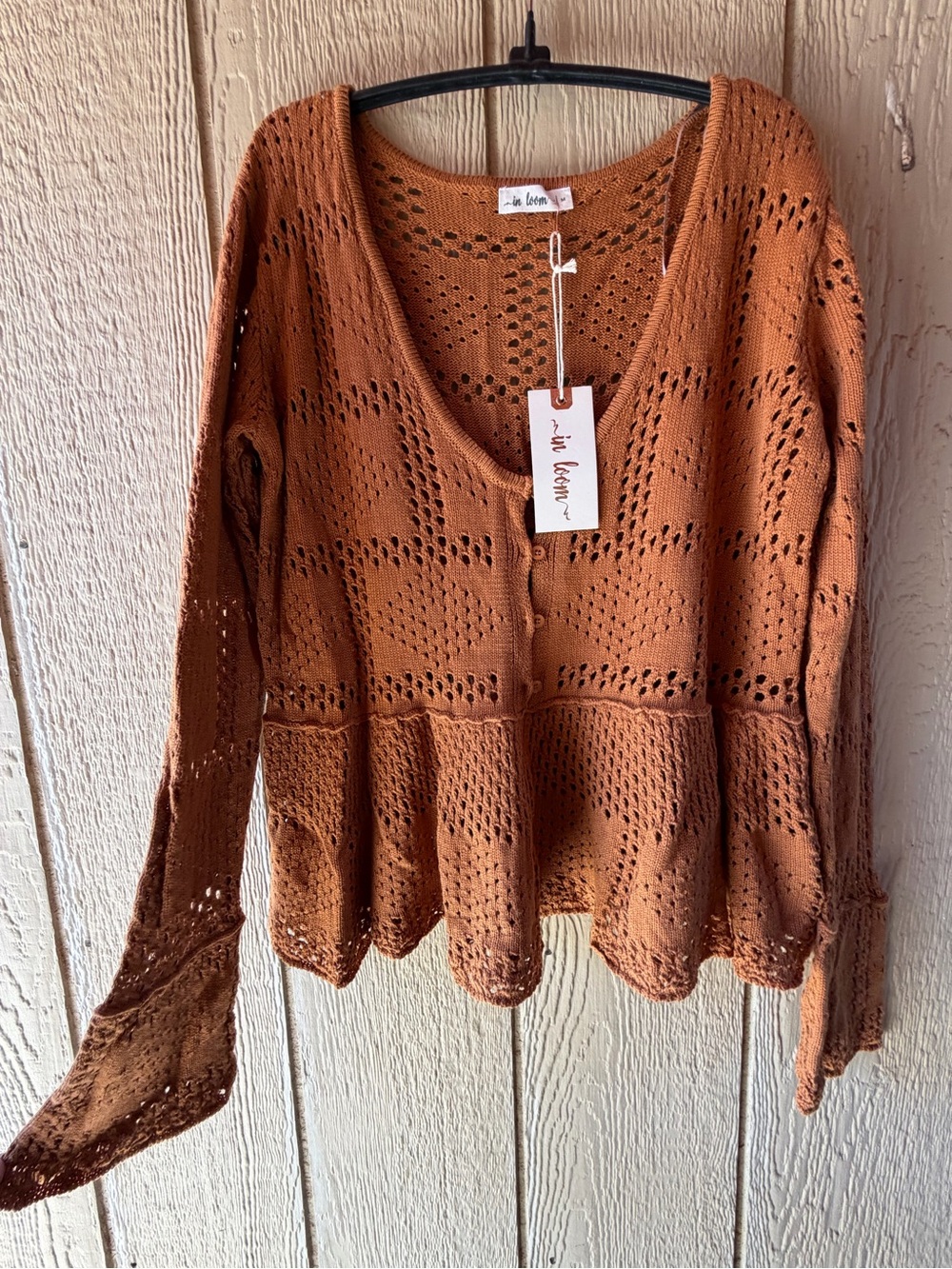 Open-Knit Rust Button-Front Bell Sleeved Cardigan